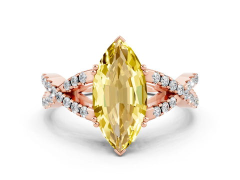 Rose gold Marquise Cut Yellow Sapphire Solitaire Ring with Four-Prong Setting and Twisted Pavé Band_12