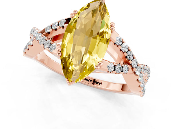 Rose gold Marquise Cut Yellow Sapphire Solitaire Ring with Four-Prong Setting and Twisted Pavé Band