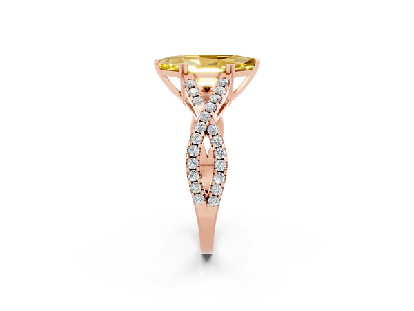 Rose gold Marquise Cut Yellow Sapphire Solitaire Ring with Four-Prong Setting and Twisted Pavé Band