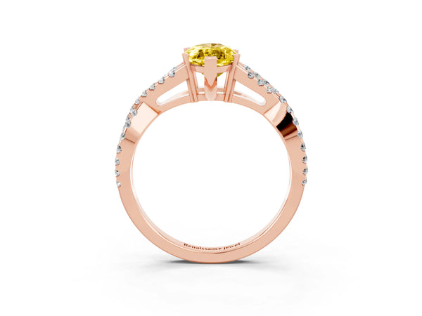 Rose gold Marquise Cut Yellow Sapphire Solitaire Ring with Four-Prong Setting and Twisted Pavé Band