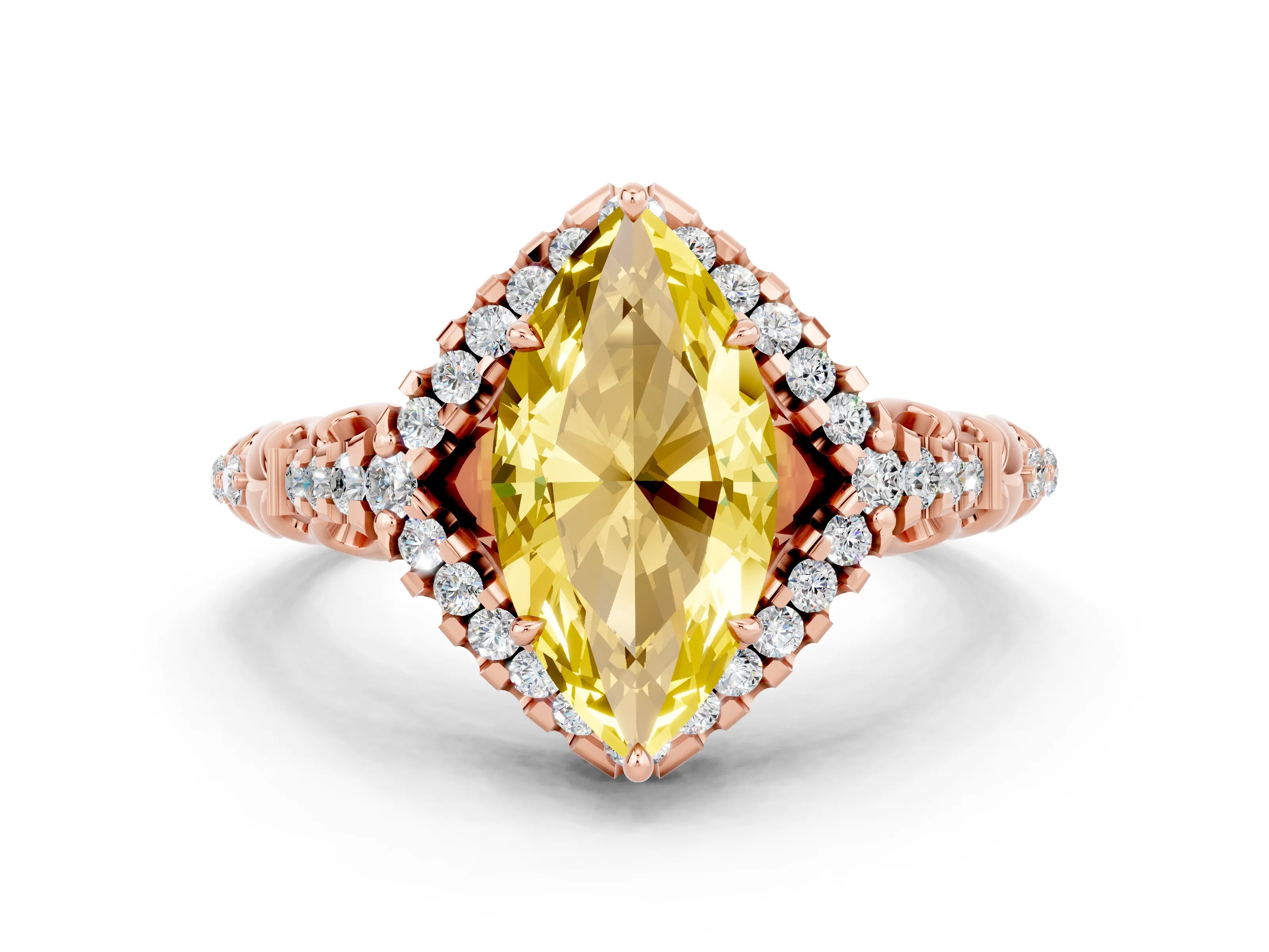 Rose gold Marquise Cut Yellow Sapphire Solitaire Ring with Hidden Halo and Pavé Band_12