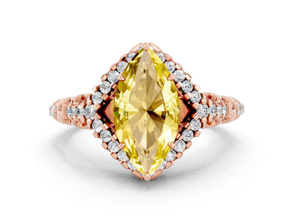 Rose gold Marquise Cut Yellow Sapphire Solitaire Ring with Hidden Halo and Pavé Band