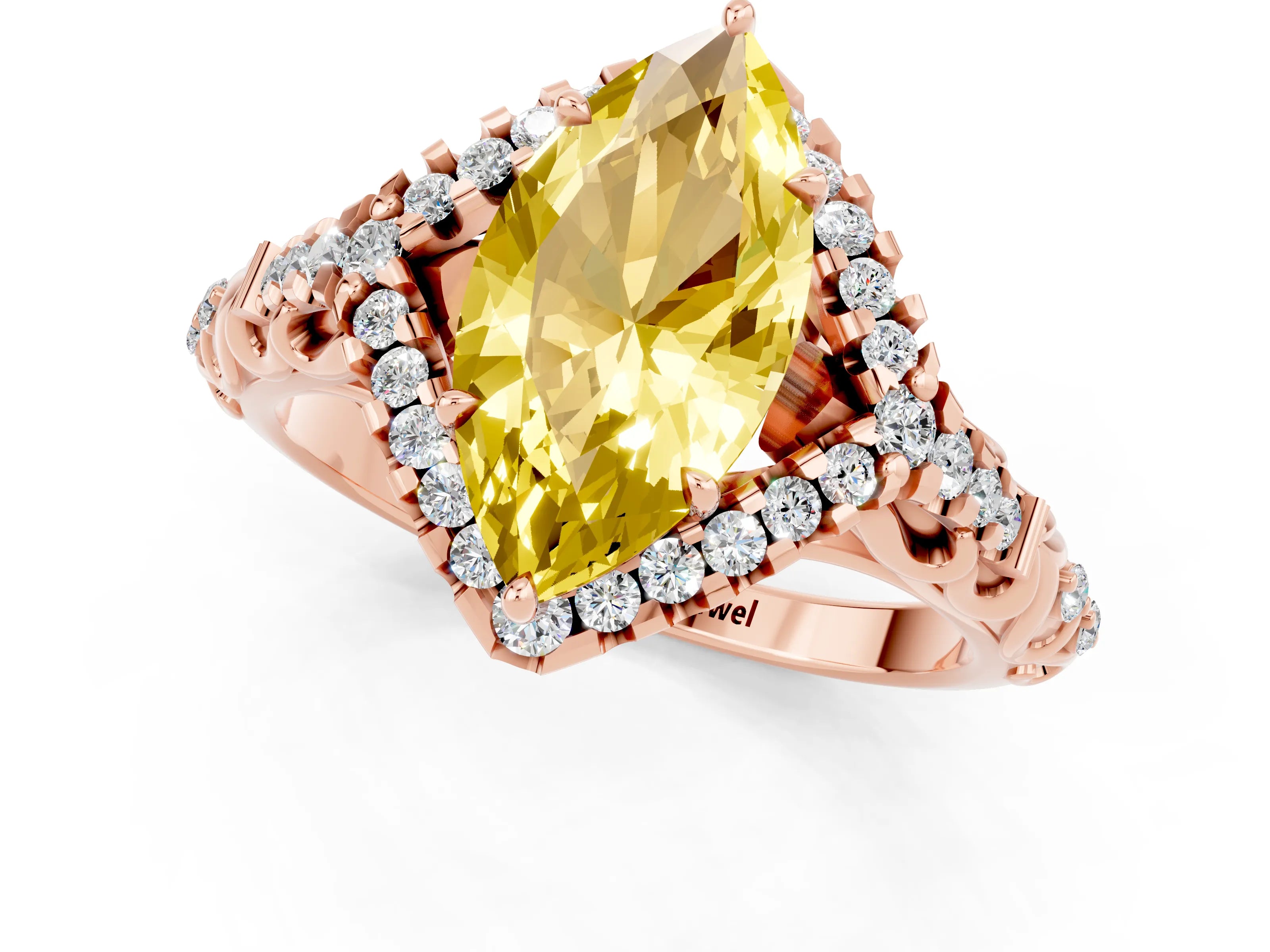 Rose gold Marquise Cut Yellow Sapphire Solitaire Ring with Hidden Halo and Pavé Band_13