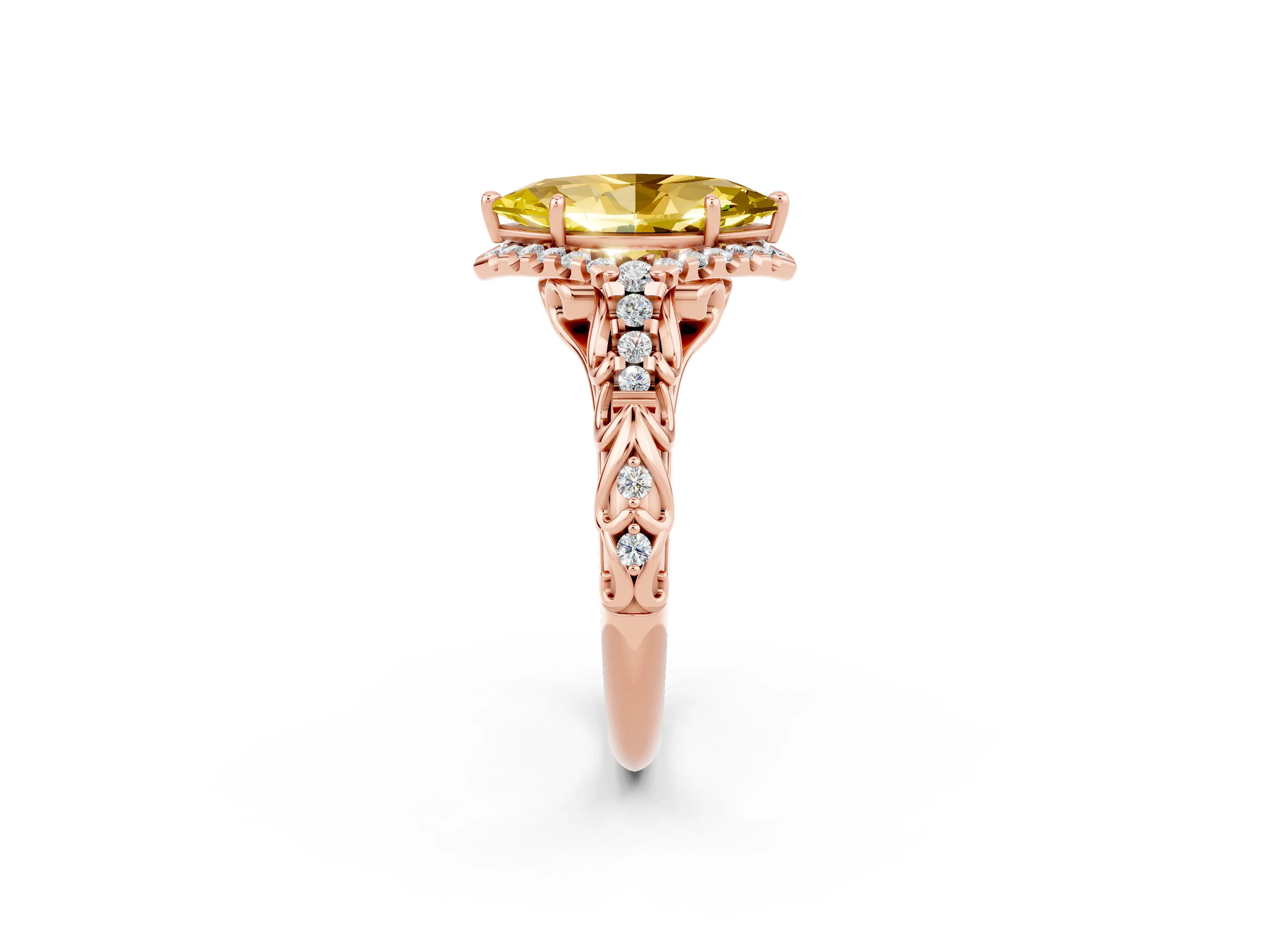 Rose gold Marquise Cut Yellow Sapphire Solitaire Ring with Hidden Halo and Pavé Band_14