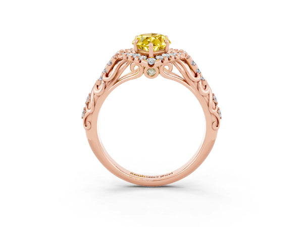 Rose gold Marquise Cut Yellow Sapphire Solitaire Ring with Hidden Halo and Pavé Band