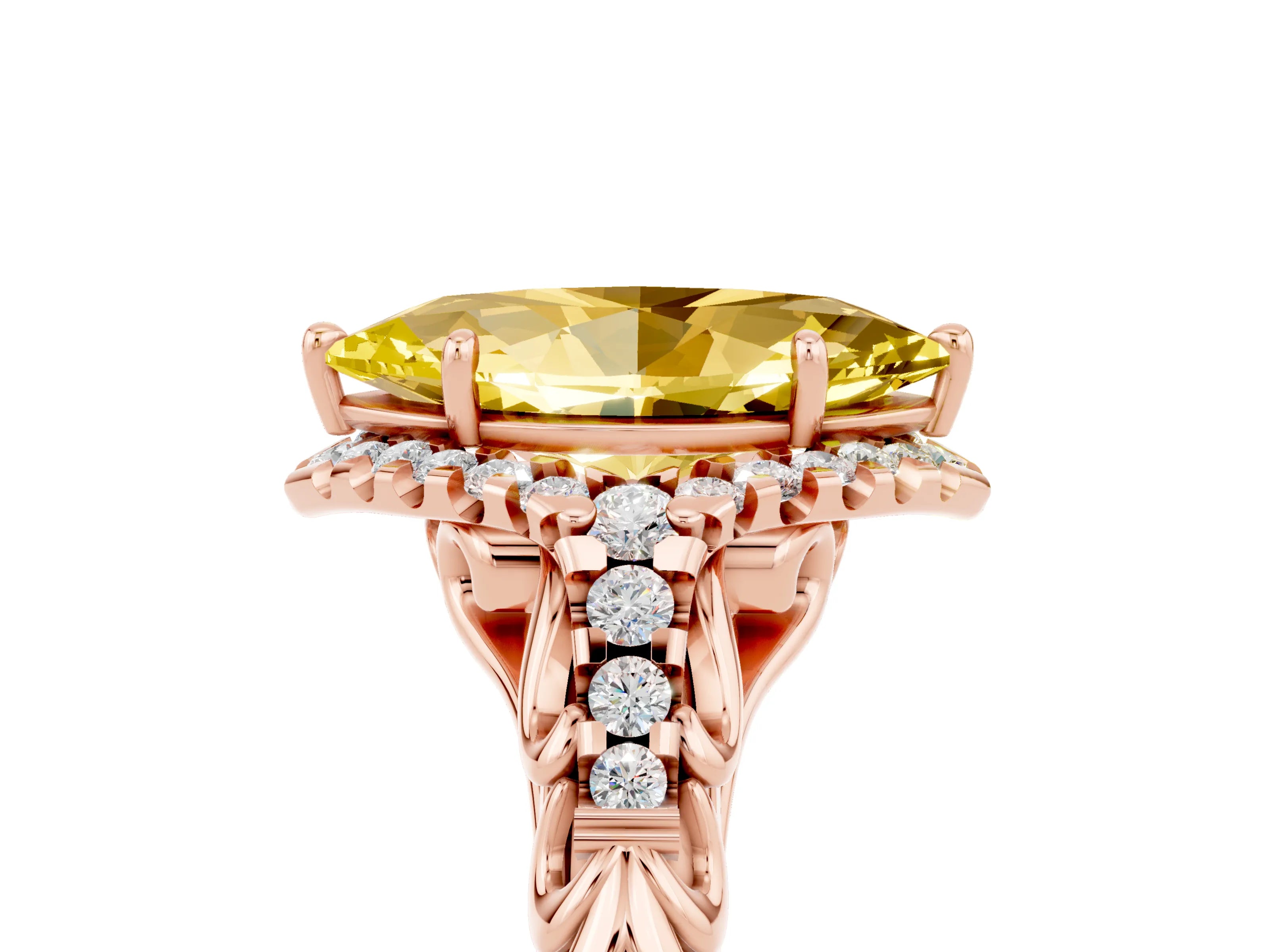 Rose gold Marquise Cut Yellow Sapphire Solitaire Ring with Hidden Halo and Pavé Band_17