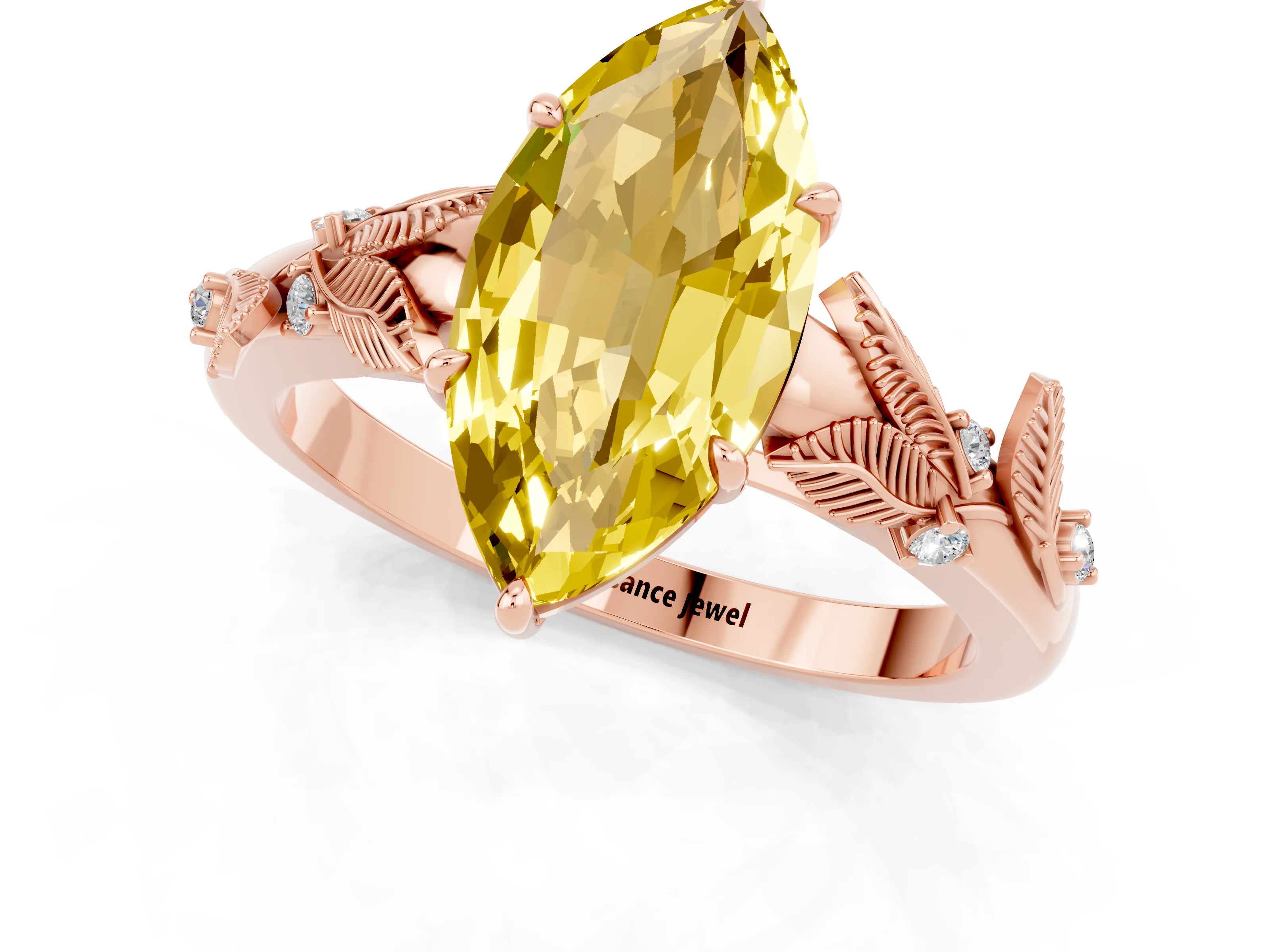 Rose gold Marquise Cut Yellow Sapphire Solitaire Ring with Leaf Motif Band and Four-Prong Setting_1