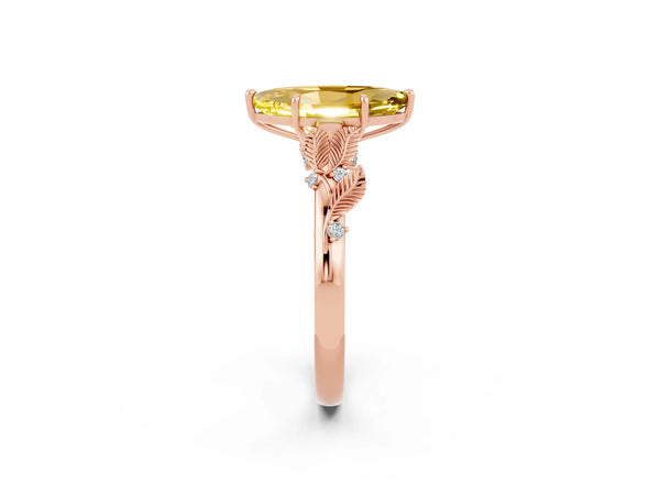 Rose gold Marquise Cut Yellow Sapphire Solitaire Ring with Leaf Motif Band and Four-Prong Setting