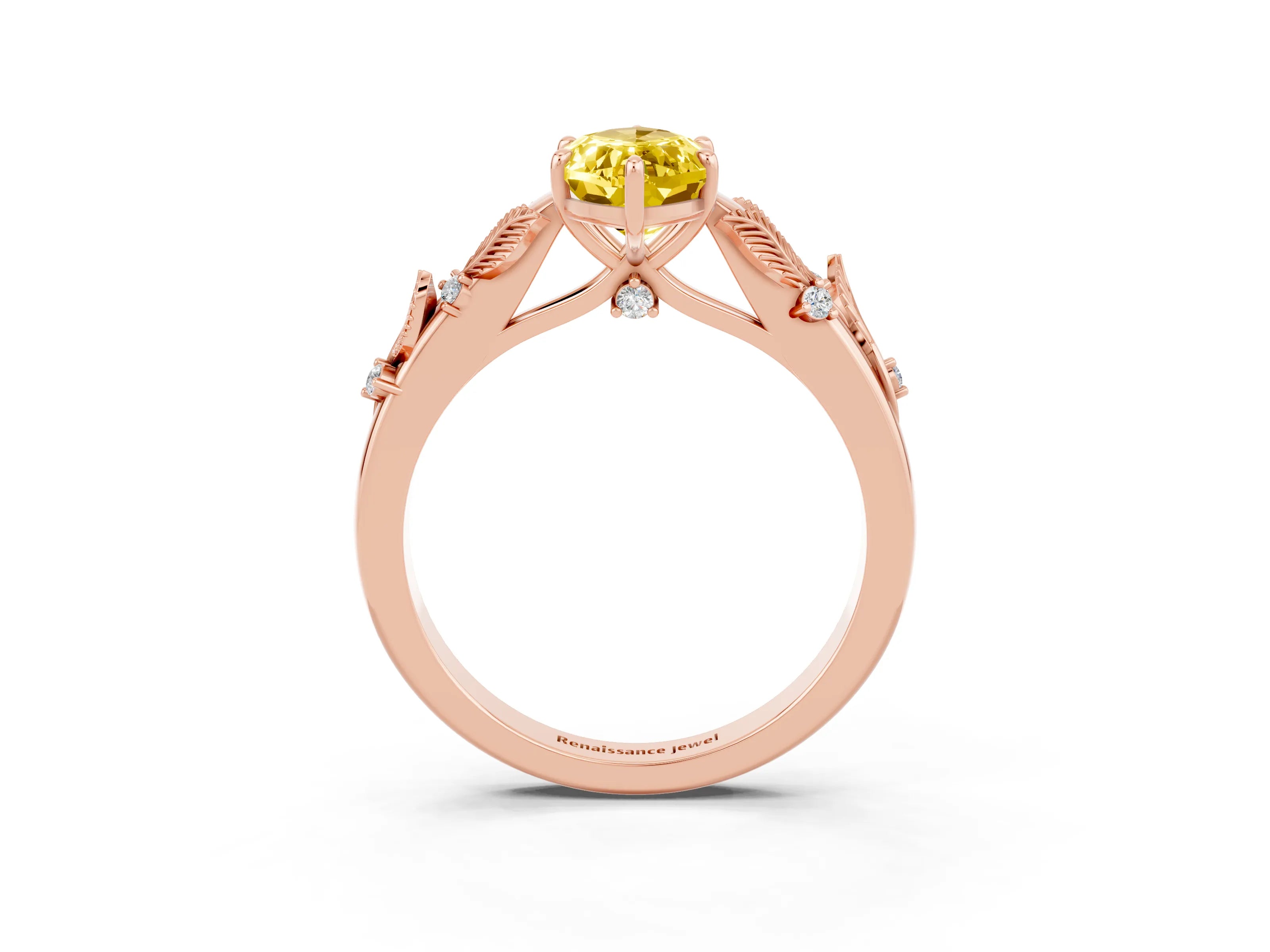 Rose gold Marquise Cut Yellow Sapphire Solitaire Ring with Leaf Motif Band and Four-Prong Setting_3