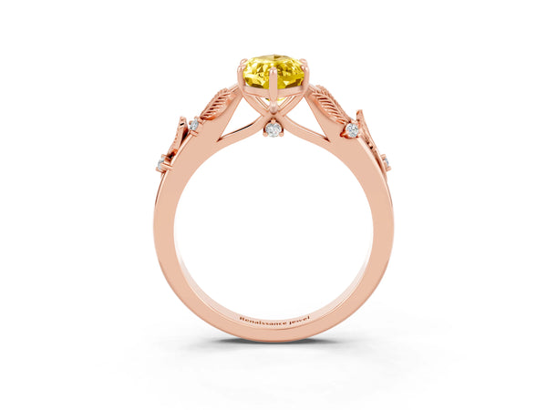 Rose gold Marquise Cut Yellow Sapphire Solitaire Ring with Leaf Motif Band and Four-Prong Setting