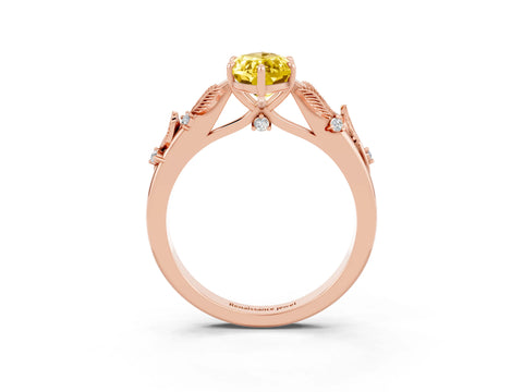 Rose gold Marquise Cut Yellow Sapphire Solitaire Ring with Leaf Motif Band and Four-Prong Setting_3