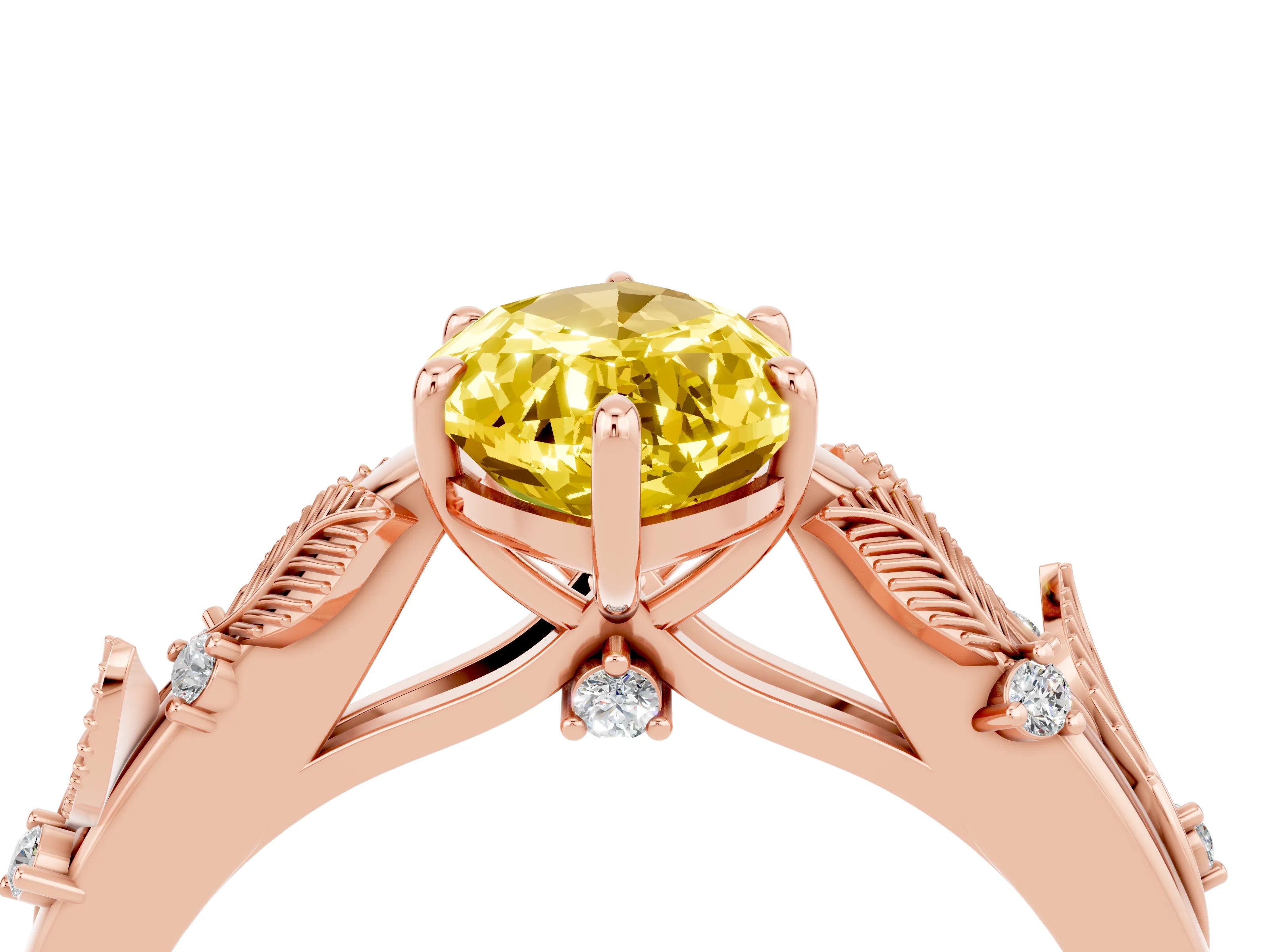 Rose gold Marquise Cut Yellow Sapphire Solitaire Ring with Leaf Motif Band and Four-Prong Setting_4