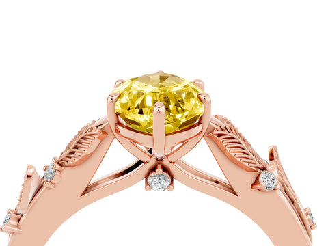 Rose gold Marquise Cut Yellow Sapphire Solitaire Ring with Leaf Motif Band and Four-Prong Setting_4