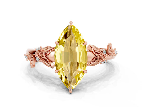 Rose gold Marquise Cut Yellow Sapphire Solitaire Ring with Leaf Motif Band and Four-Prong Setting