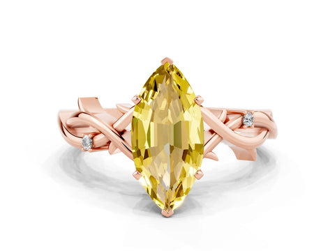 Rose gold Marquise Cut Yellow Sapphire Solitaire Ring with Milgrain Pavé Band and Four-Prong Setting_12