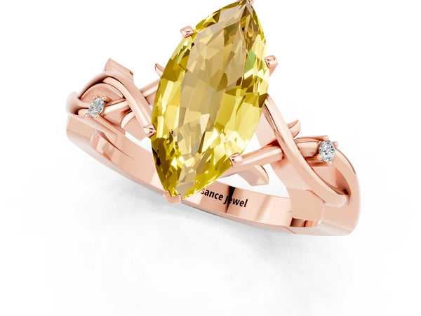 Rose gold Marquise Cut Yellow Sapphire Solitaire Ring with Milgrain Pavé Band and Four-Prong Setting