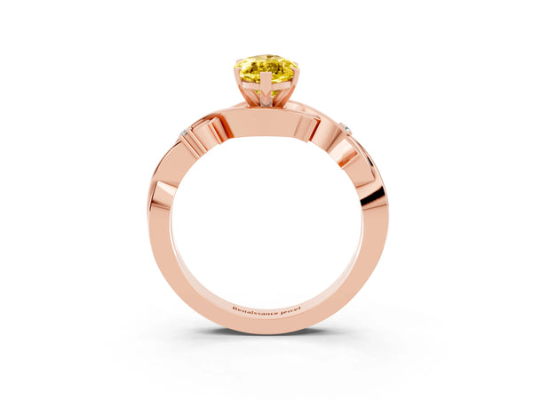 Rose gold Marquise Cut Yellow Sapphire Solitaire Ring with Milgrain Pavé Band and Four-Prong Setting