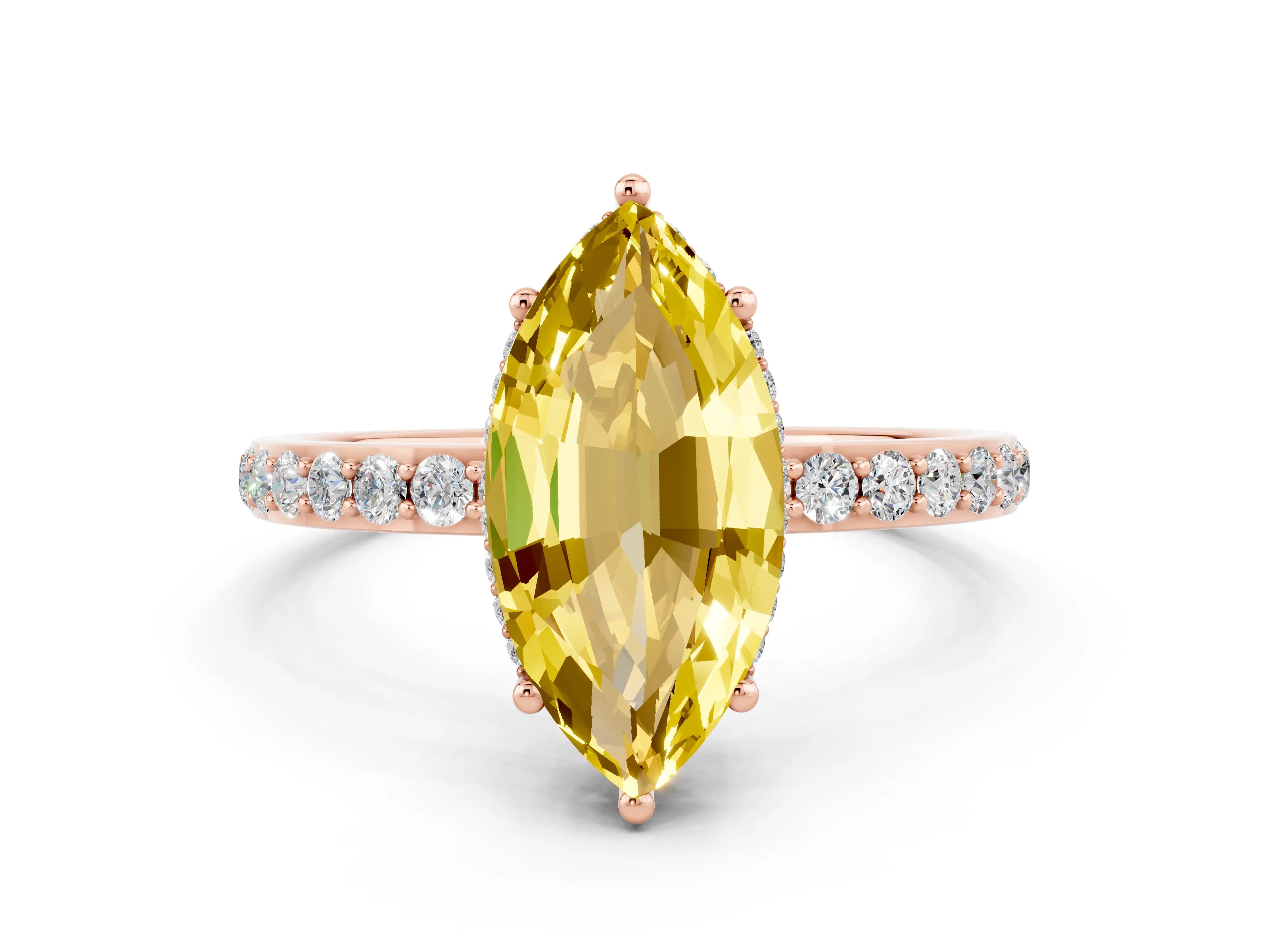 Rose gold Marquise Cut Yellow Sapphire Solitaire Ring with Pavé Band and Hidden Halo_12