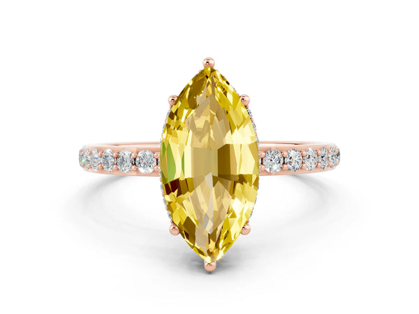 Rose gold Marquise Cut Yellow Sapphire Solitaire Ring with Pavé Band and Hidden Halo
