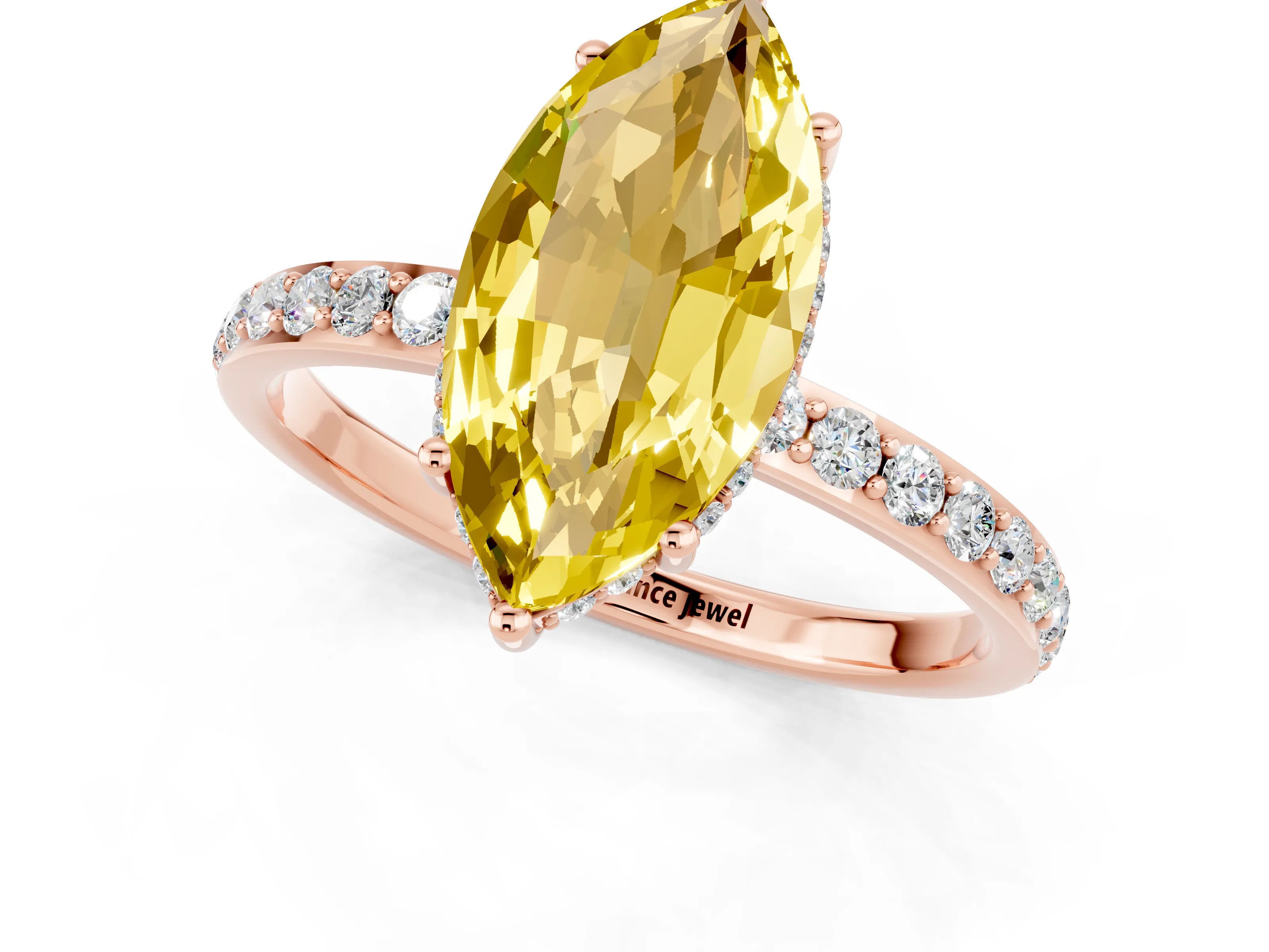 Rose gold Marquise Cut Yellow Sapphire Solitaire Ring with Pavé Band and Hidden Halo_13