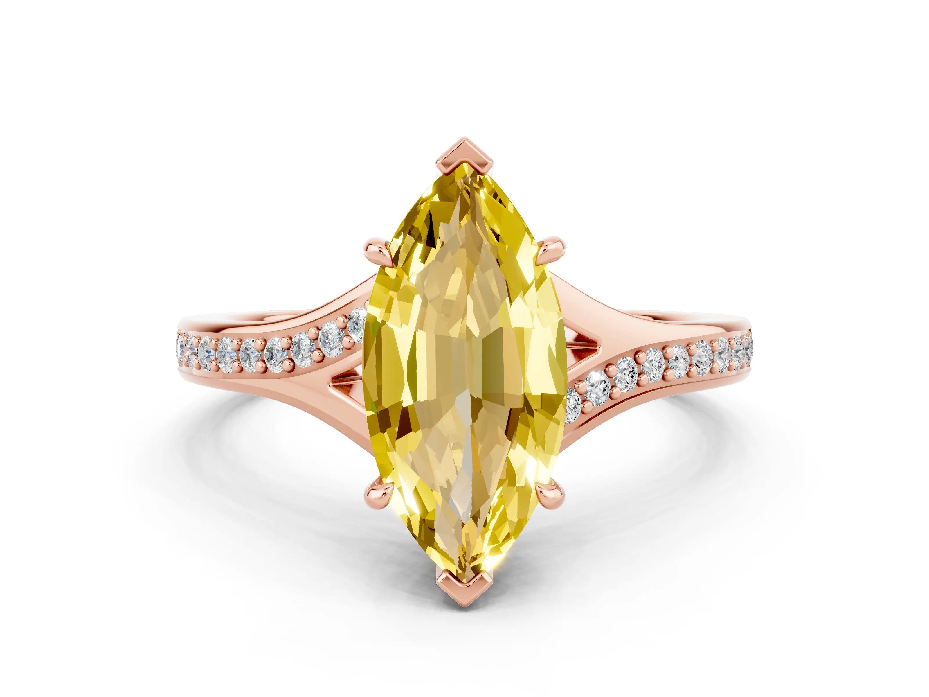 Rose gold Marquise Cut Yellow Sapphire Solitaire Ring with Pavé Band and Prong Setting