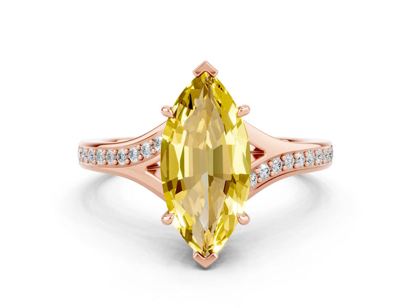 Rose gold Marquise Cut Yellow Sapphire Solitaire Ring with Pavé Band and Prong Setting