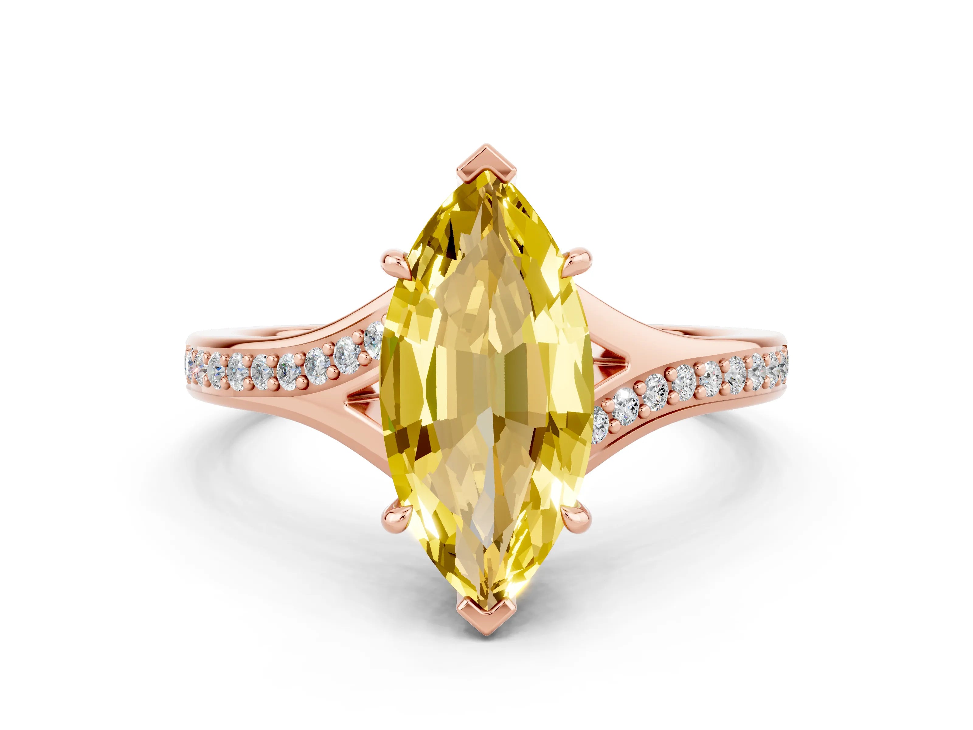 Rose gold Marquise Cut Yellow Sapphire Solitaire Ring with Pavé Band and Prong Setting_12