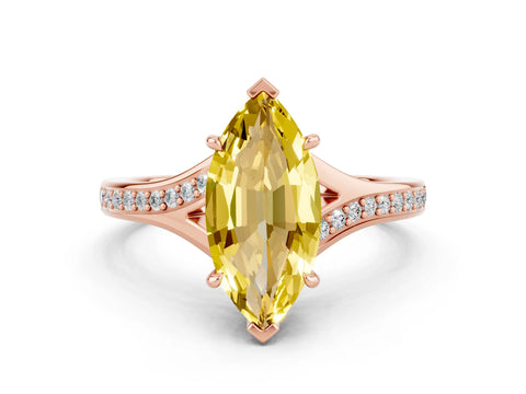 Rose gold Marquise Cut Yellow Sapphire Solitaire Ring with Pavé Band and Prong Setting_12