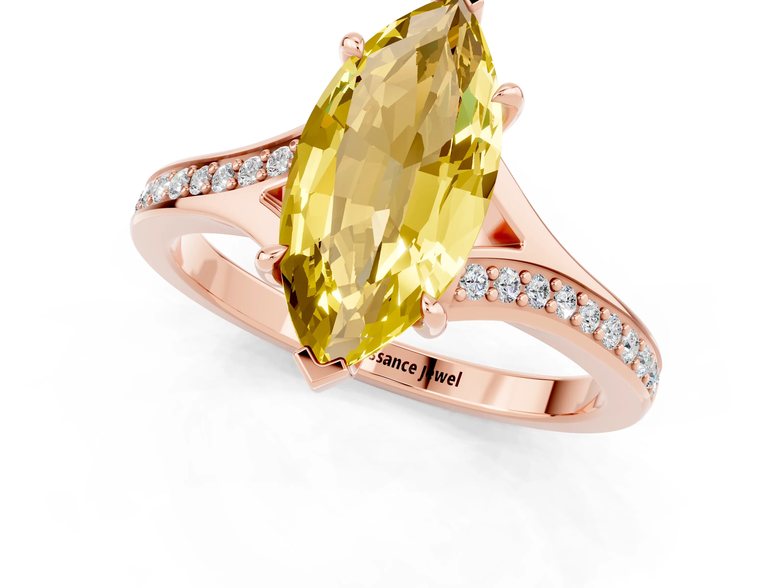 Rose gold Marquise Cut Yellow Sapphire Solitaire Ring with Pavé Band and Prong Setting_13