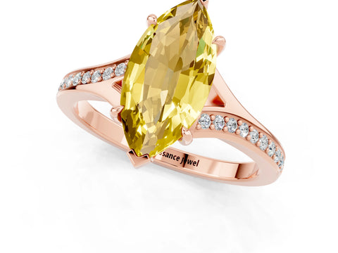 Rose gold Marquise Cut Yellow Sapphire Solitaire Ring with Pavé Band and Prong Setting_13