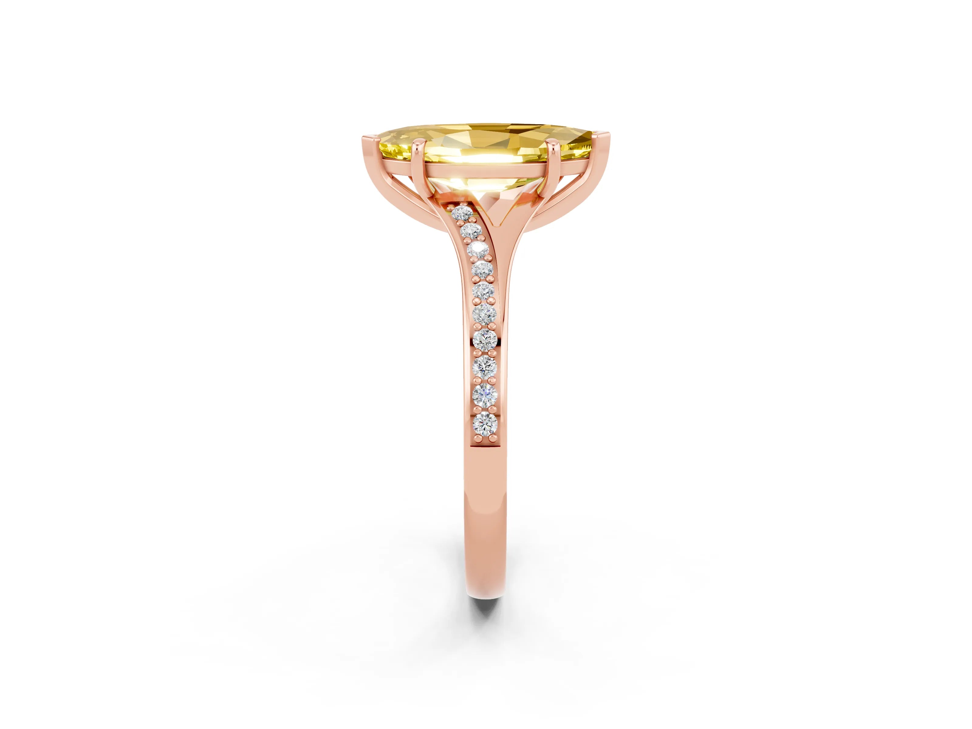 Rose gold Marquise Cut Yellow Sapphire Solitaire Ring with Pavé Band and Prong Setting_14