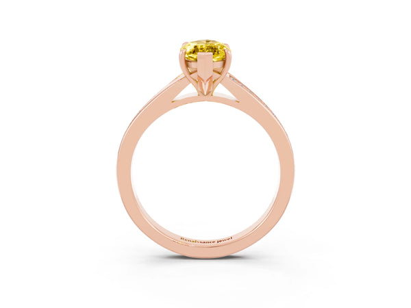 Rose gold Marquise Cut Yellow Sapphire Solitaire Ring with Pavé Band and Prong Setting