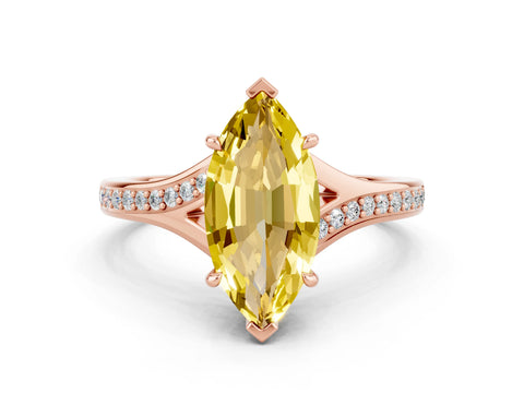 Rose gold Marquise Cut Yellow Sapphire Solitaire Ring with Pavé Band and Prong Setting