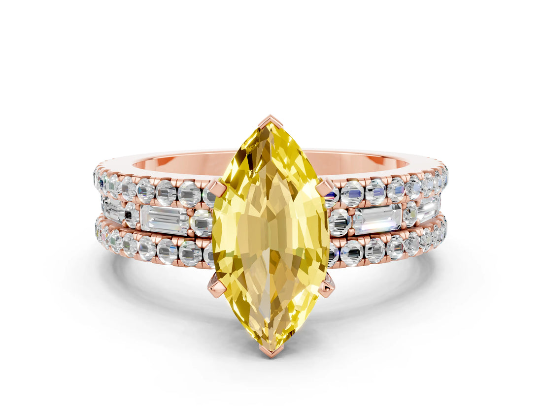 Rose gold Marquise Cut Yellow Sapphire Solitaire Ring with Pavé and Channel Set Band_24