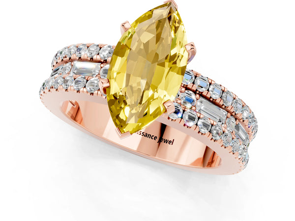 Rose gold Marquise Cut Yellow Sapphire Solitaire Ring with Pavé and Channel Set Band
