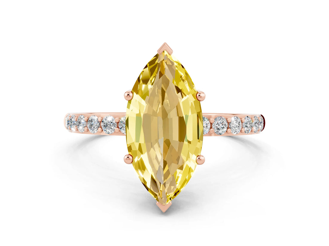 Rose gold Marquise Cut Yellow Sapphire Solitaire Ring with Pave Band and Four Prong Setting_48