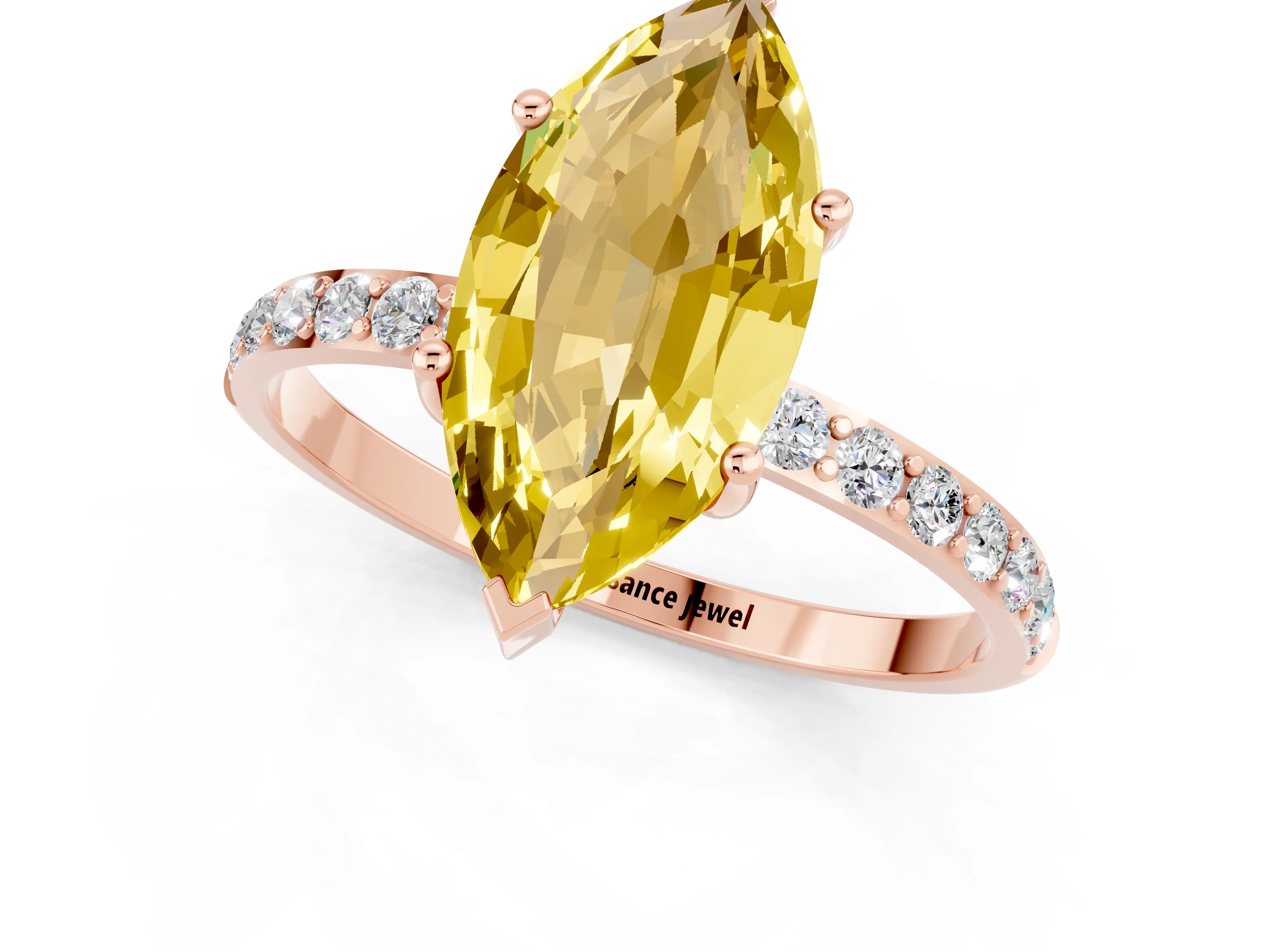 Rose gold Marquise Cut Yellow Sapphire Solitaire Ring with Pave Band and Four Prong Setting_49