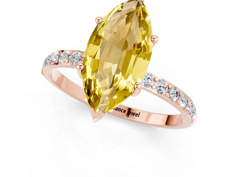 Rose gold Marquise Cut Yellow Sapphire Solitaire Ring with Pave Band and Four Prong Setting_49