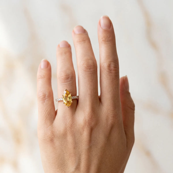 Rose gold Marquise Cut Yellow Sapphire Solitaire Ring with Round  Pavé Band and Four-Prong Setting