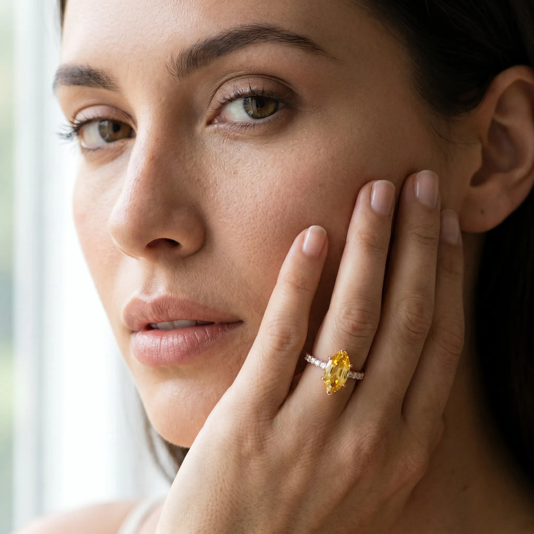 Rose gold Marquise Cut Yellow Sapphire Solitaire Ring with Round  Pavé Band and Four-Prong Setting_79
