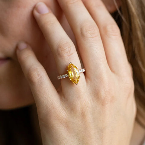 Rose gold Marquise Cut Yellow Sapphire Solitaire Ring with Round  Pavé Band and Four-Prong Setting_80