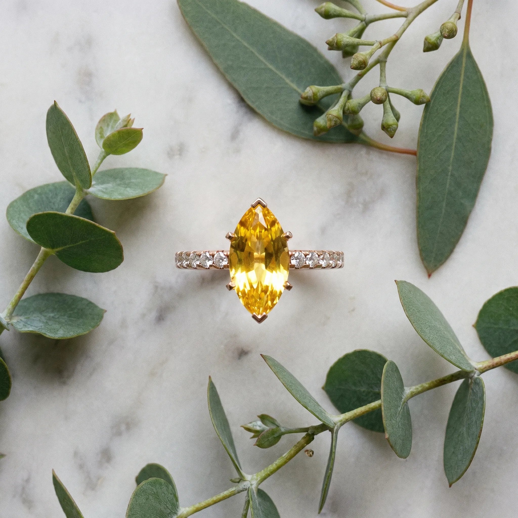 Rose gold Marquise Cut Yellow Sapphire Solitaire Ring with Round  Pavé Band and Four-Prong Setting_81