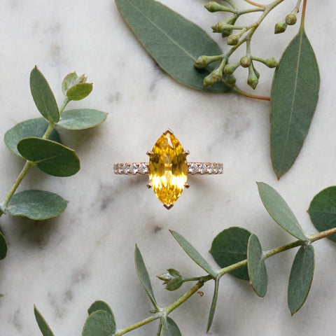 Rose gold Marquise Cut Yellow Sapphire Solitaire Ring with Round  Pavé Band and Four-Prong Setting_81