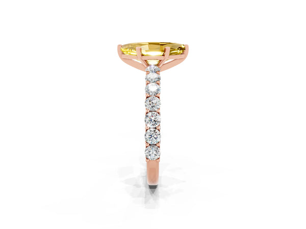 Rose gold Marquise Cut Yellow Sapphire Solitaire Ring with Shared Prong Pavé Band and Four-Prong Setting
