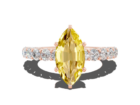Rose gold Marquise Cut Yellow Sapphire Solitaire Ring with Shared Prong Pavé Band and Four-Prong Setting