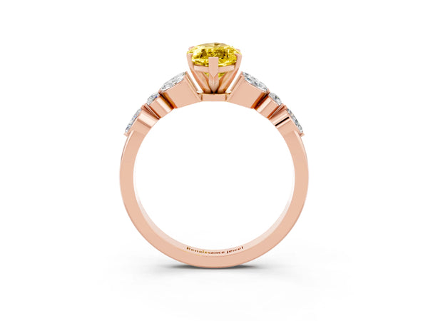 Rose gold Marquise Cut Yellow Sapphire Solitaire Ring with Side Stones and Four-Prong Setting