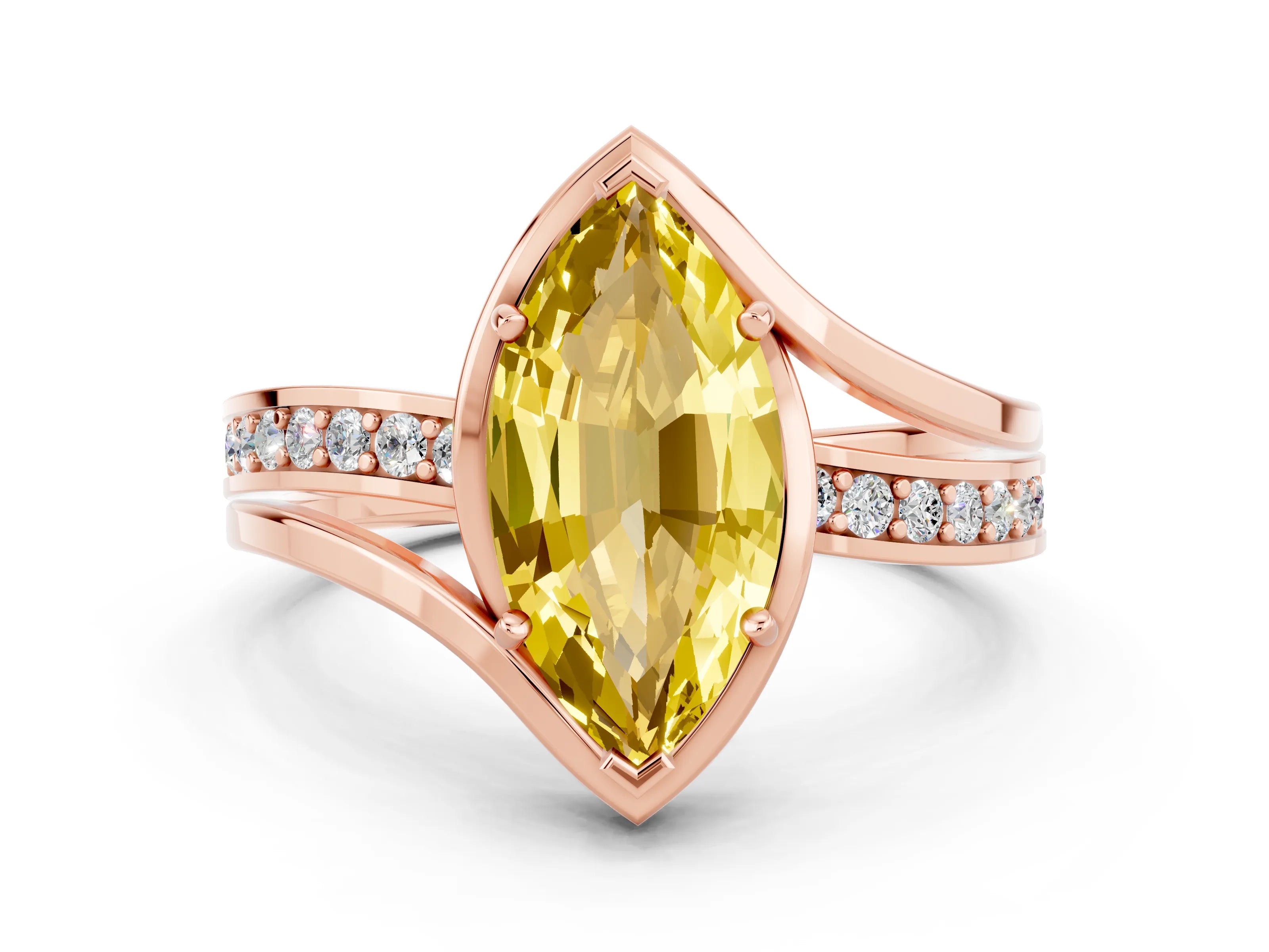 Rose gold Marquise Cut Yellow Sapphire Solitaire Ring with Split Shank and Prong Setting