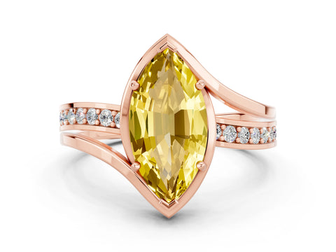 Rose gold Marquise Cut Yellow Sapphire Solitaire Ring with Split Shank and Prong Setting