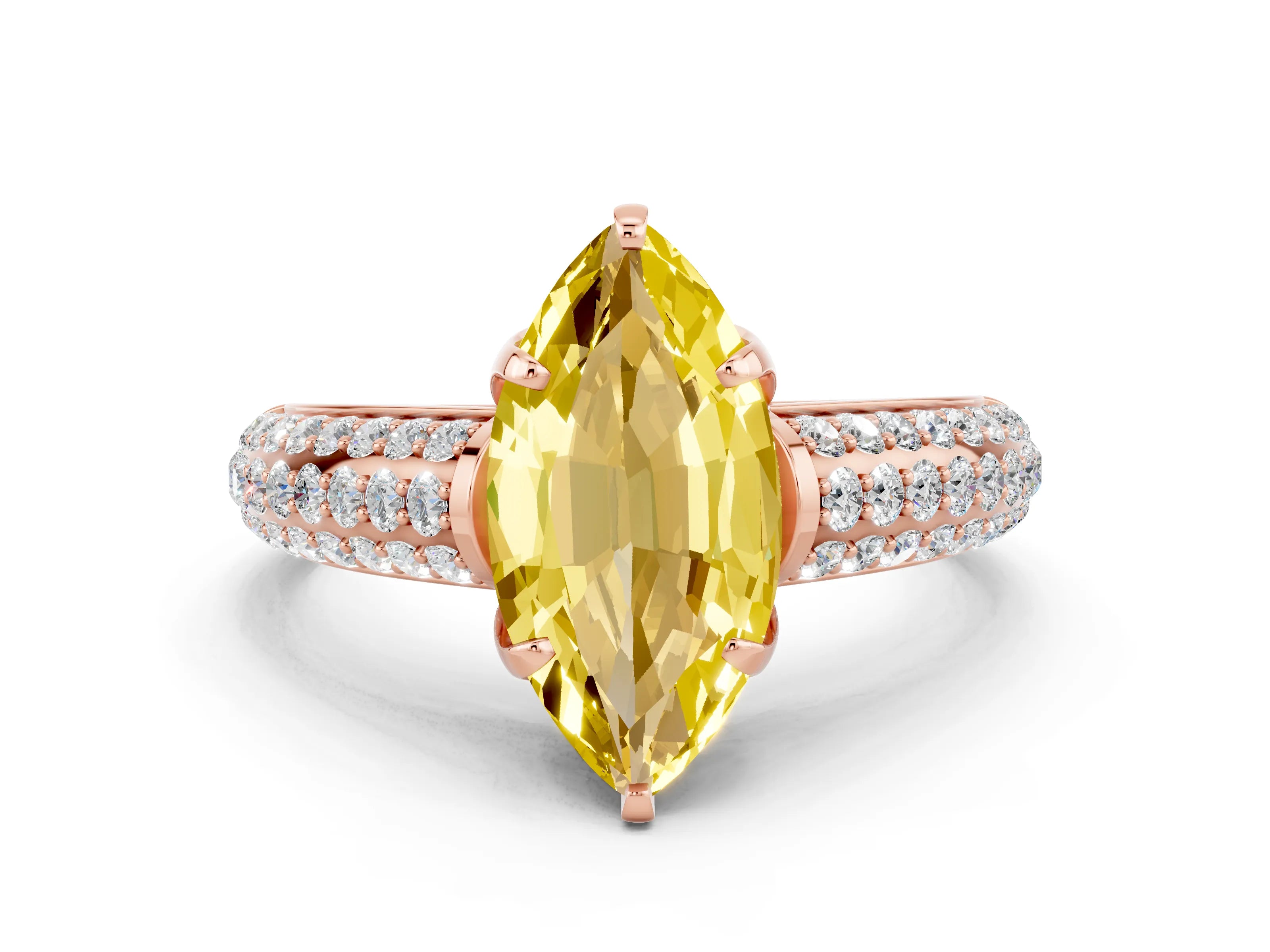Rose gold Marquise Cut Yellow Sapphire Solitaire Ring with Three-Row Pavé Band and Four-Prong Setting_12