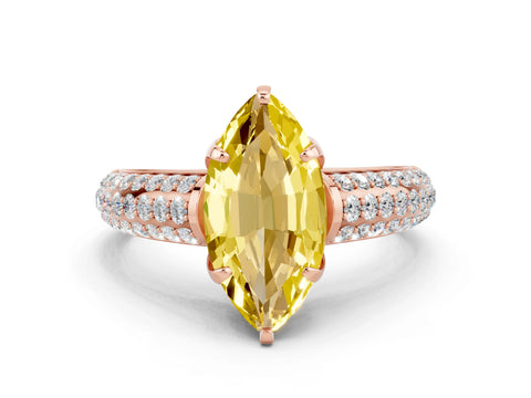 Rose gold Marquise Cut Yellow Sapphire Solitaire Ring with Three-Row Pavé Band and Four-Prong Setting_12